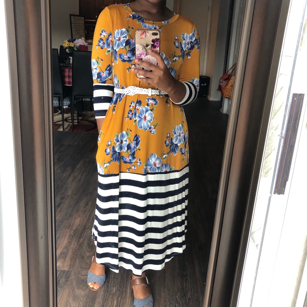 Floral Striped High-Low Dress (Mustard)